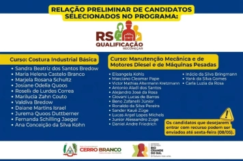 Cerro Branco divulga relação preliminar de selecionados no programa RS Qualificação – Recomeçar