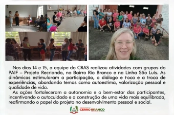CRAS de Cerro Branco realiza atividades do Projeto Recriando no Bairro Rio Branco e Linha São Luiz