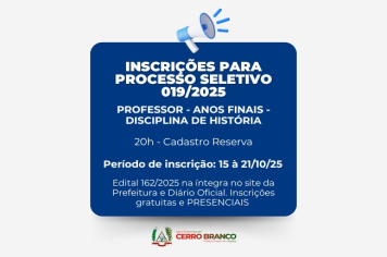 PROCESSO SELETIVO: PROFESSOR DE HISTÓRIA - ANOS FINAIS - Cadastro Reserva