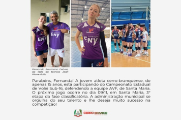 JOVEM ATLETA DE CERRO BRANCO PARTICIPA DO CAMPEONATO ESTADUAL DE VÔLEI SUB-16