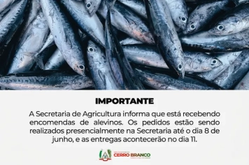 Secretaria de Agricultura de Cerro Branco abre encomendas para nova etapa de entrega de alevinos