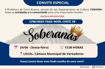 Prefeitura de Cerro Branco convoca comunidade para definir detalhes do Concurso das Soberanas