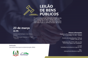 Prefeitura de Cerro Branco promove leilão de bens inservíveis com 23 itens à venda