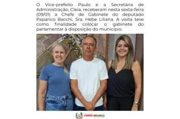Vice-prefeito Paulo e Secretária de Administração Cleia, recebem Chefe de Gabinete do Deputado Paparico Bacchi