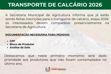 Secretaria de Agricultura abre inscrições para o transporte de calcário 2026