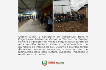 REPRESENTANTES DE CERRO BRANCO, PARTICIPAM DE REUNIÃO TÉCNICA NO MUNICÍPIO DE PARAÍSO DO SUL