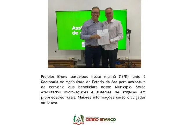 CERRO BRANCO GARANTE INVESTIMENTO NA AGRICULTURA COM NOVO CONVÊNIO