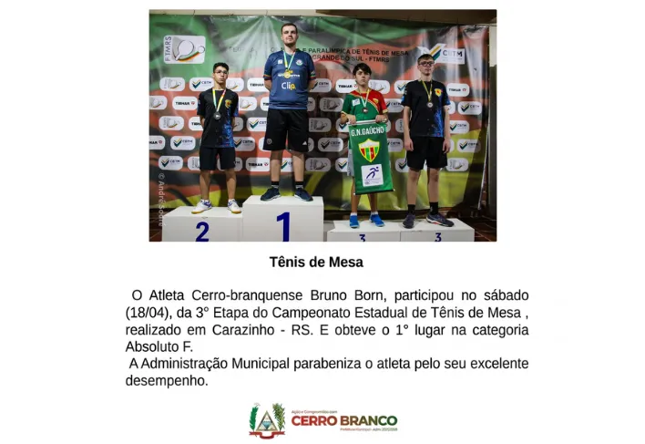 Atleta de Cerro Branco conquista 1º lugar no Estadual de Tênis de Mesa