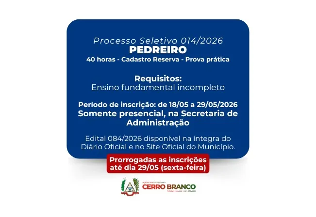 Inscrições prorrogadas: Processo Seletivo - Pedreiro (Cadastro Reserva)
