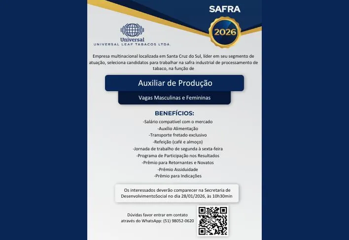 Universal Leaf Tabacos Abre Vagas para a Safra 2026 em Santa Cruz do Sul