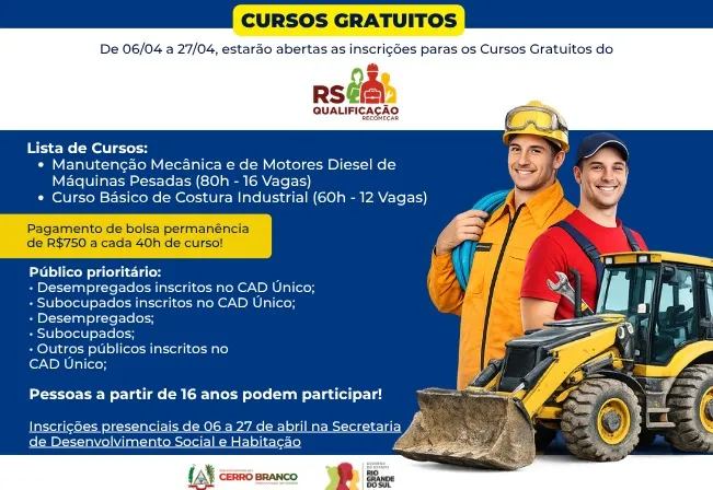 Cerro Branco abre inscrições para cursos gratuitos de qualificação profissional com auxílio de até R$ 1,5 mil