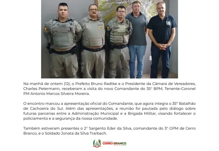Novo comandante do 35° Batalhão de Polícia Militar realiza visita oficial a Cerro Branco