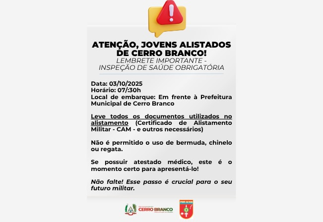 LEMBRETE IMPORTANTE : Inspeção de saúde obrigatória 